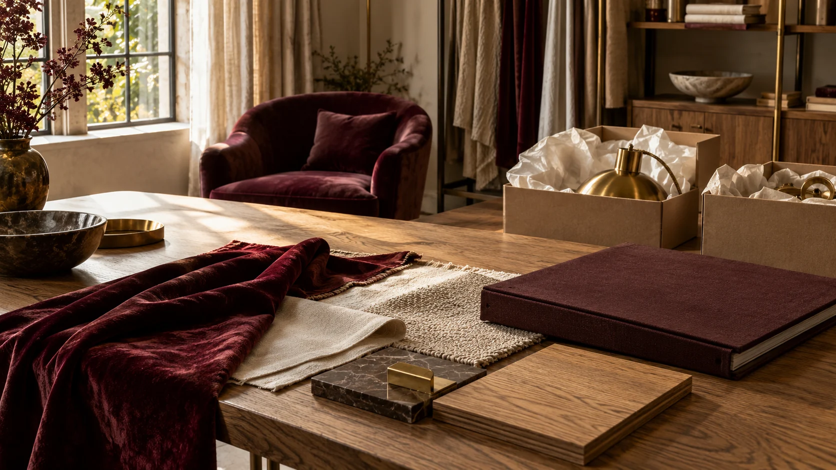 Interior design studio concept with burgundy fabric and brass samples, furniture selections and blank procurement boxes.